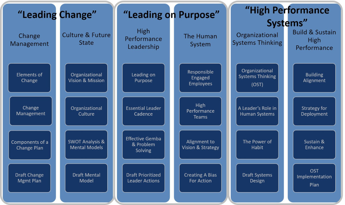 Graphic explaining the different course topics: Change Management, Culture and future state, High Performance Leadership, The Human System, Organizational Systems Thinking, Build and Sustain High Performance. 